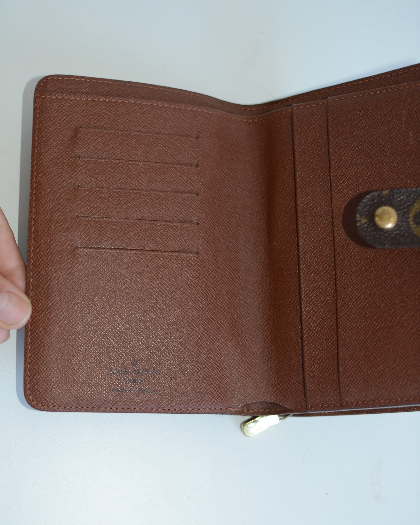 Louis Vuitton compact leather wallet brown inside lining with card holder and logo